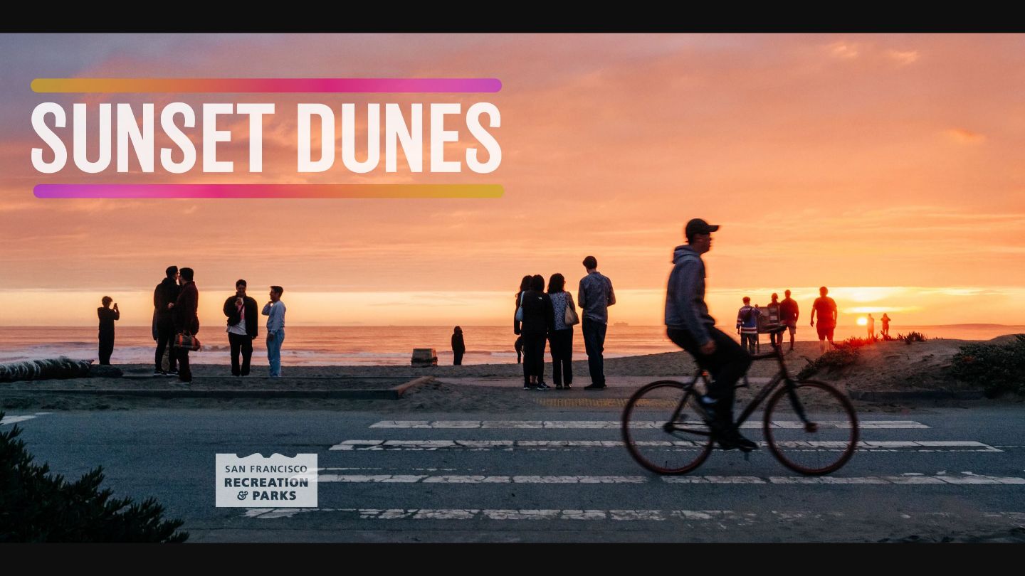 Sunset at Great Highway with cyclists and pedestrians enjoying the car-free space along Ocean Beach