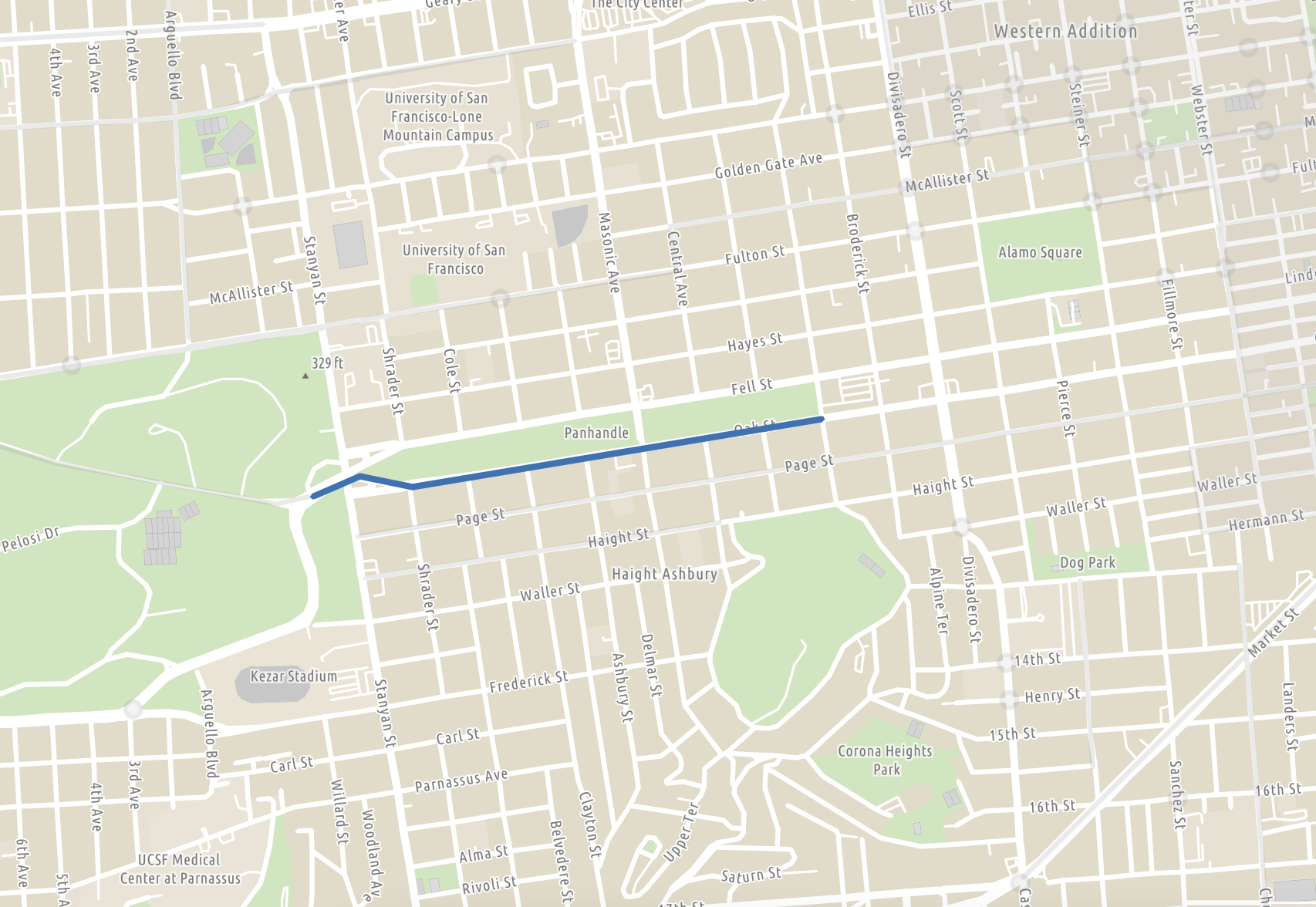 Map of Oak Street corridor showing the project area from the Panhandle to Market Street