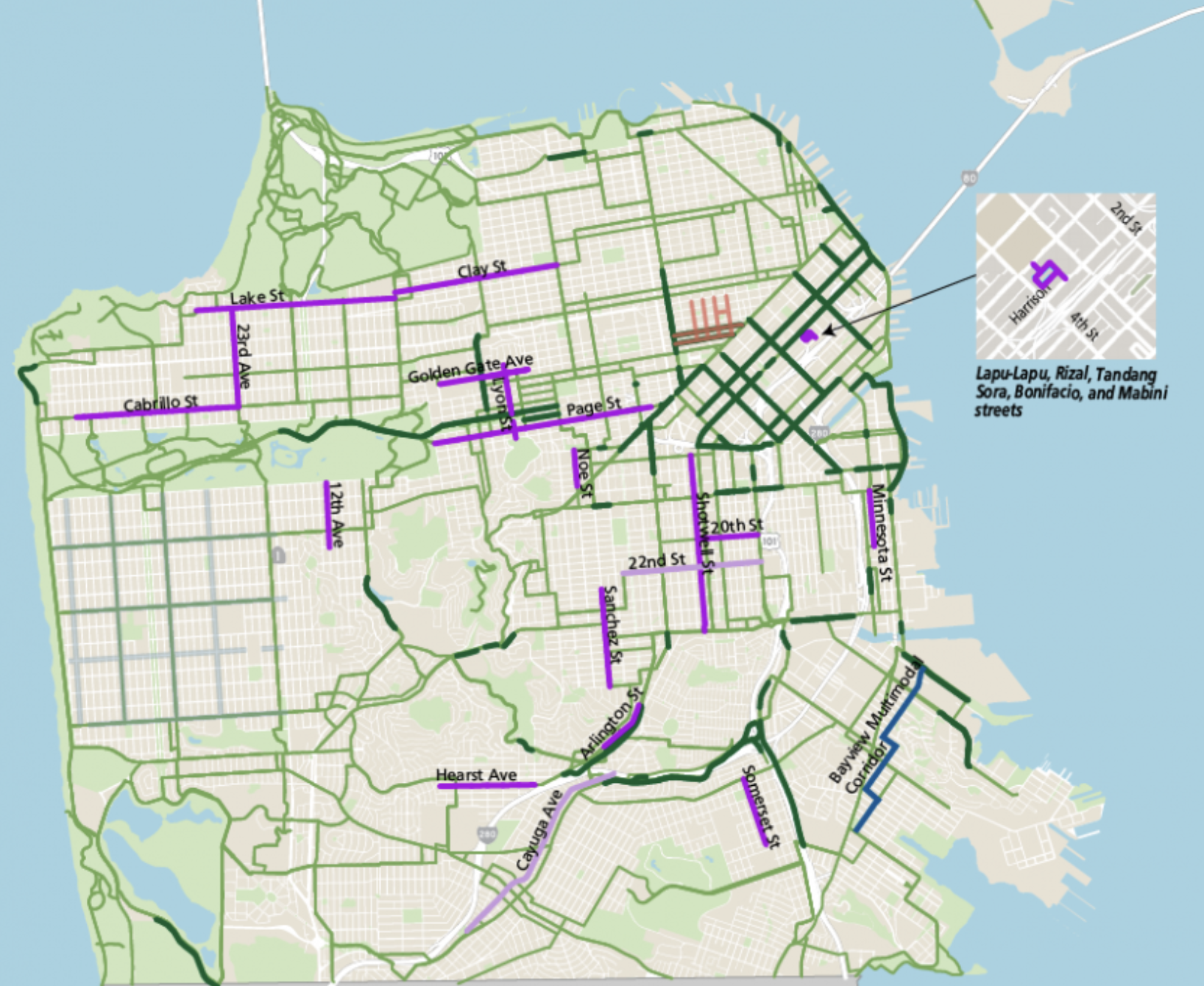 Map of San Francisco showing the network of Slow Streets highlighted in purple across the city