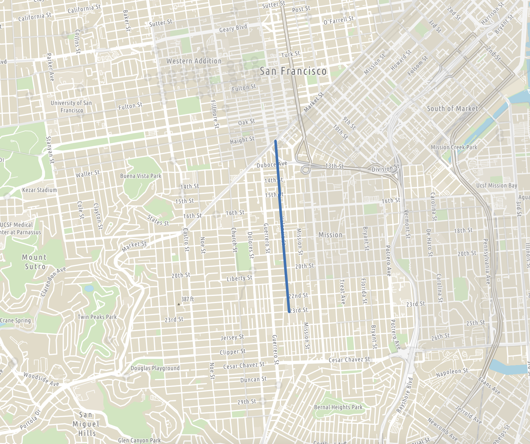 Map of Valencia Street corridor highlighted in blue, running through the Mission District